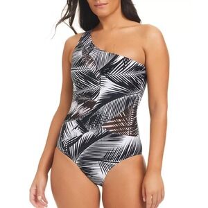 Beyond Control Womens 14 One Shoulder One Piece Swimsuit Black Palm Mesh Beach